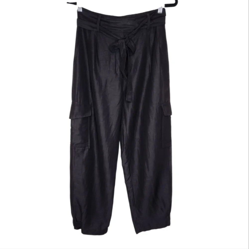 Wilfred Black Pleated Linen Blend Cargo Pants Tie Waist Ankle Snap Size 6